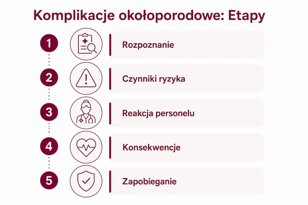 Grafika przedstawiająca kolejne fazy powikłań okołoporodowych wraz z najważniejszymi informacjami na każdym etapie.