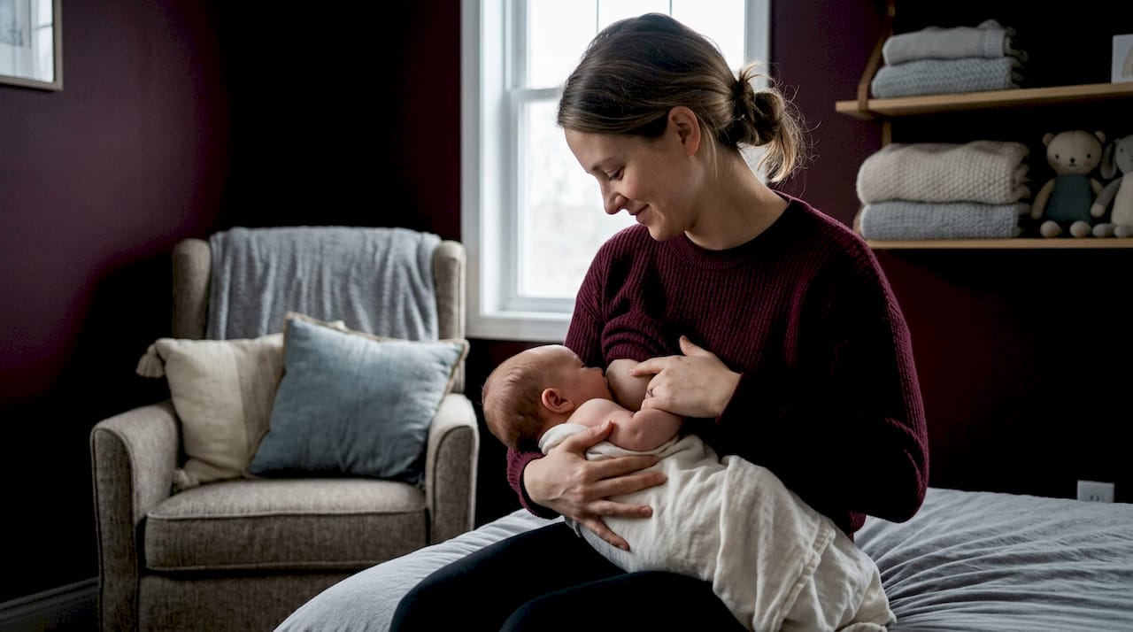 Mama karmi swoje niemowlę piersią w dziecięcym pokoju, zawsze wtedy, gdy maluch tego potrzebuje.