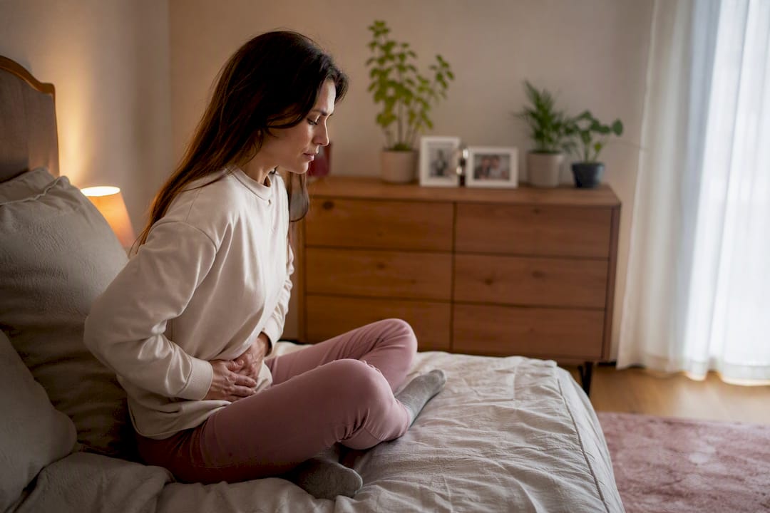 Kobieta siedzi spokojnie, diagnozując przyczynę bólu miednicy