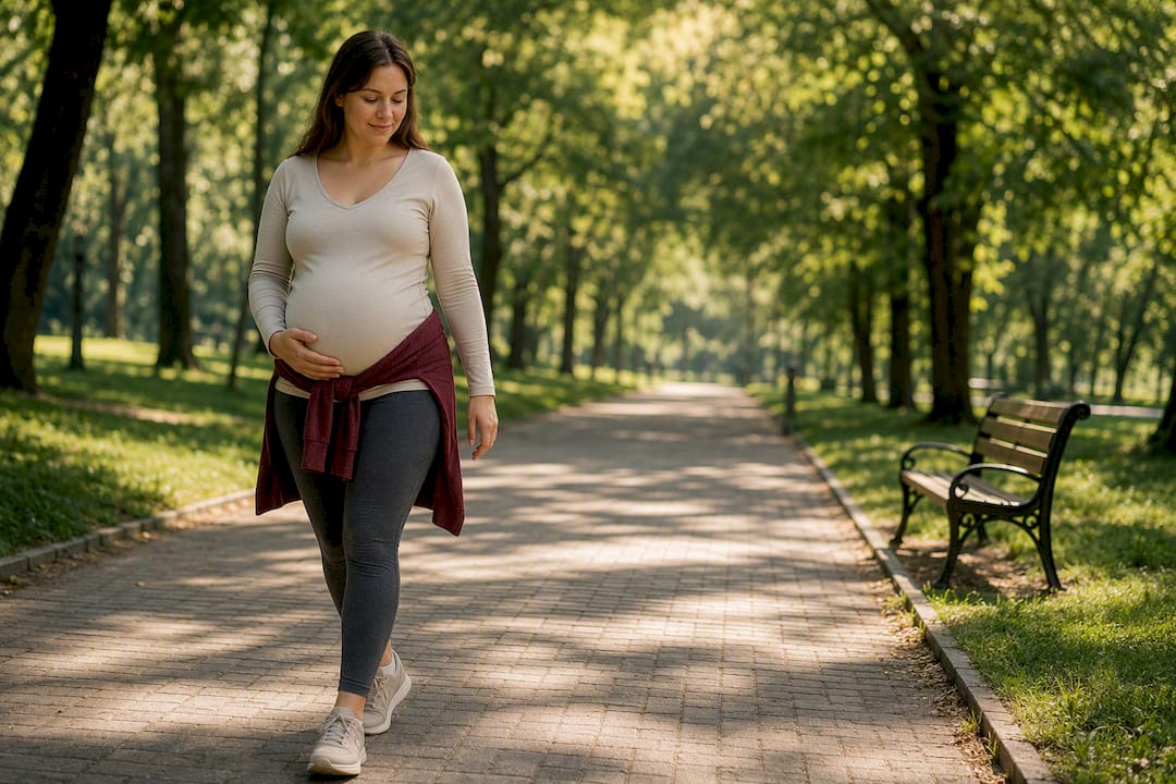 Kobieta w ciąży spacerująca alejką w parku