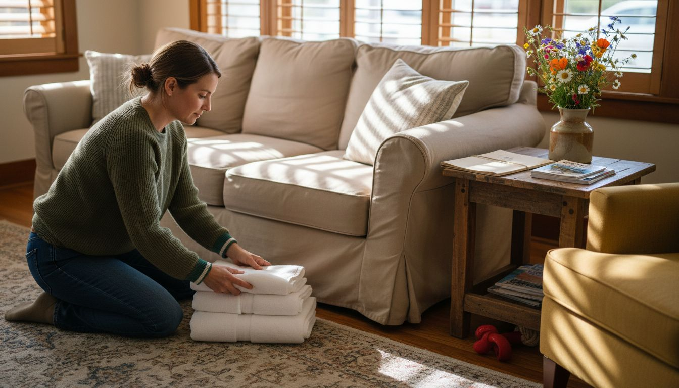 Woman preparing living room for guest stay