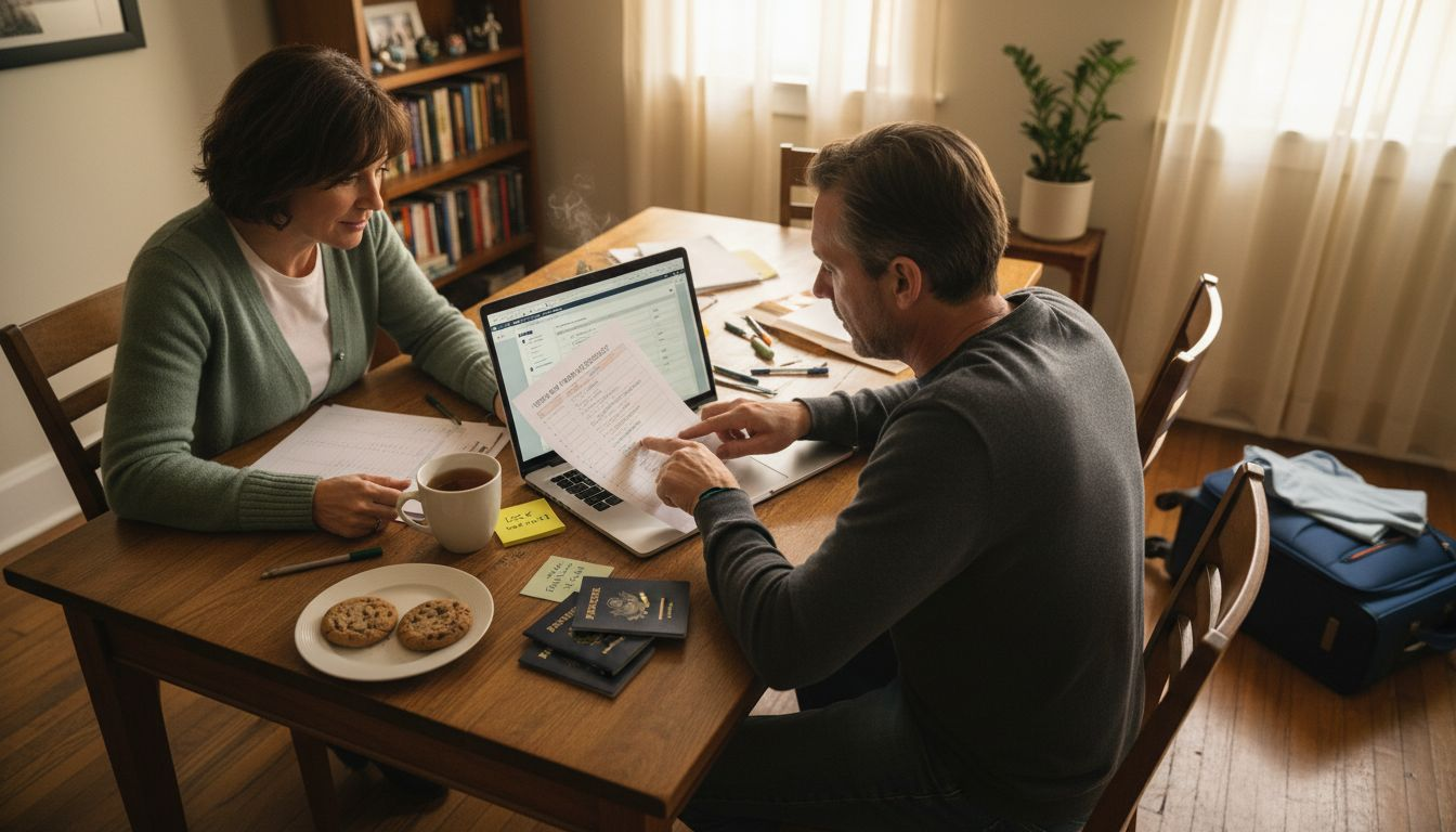 Couple verifying home swap checklist at table