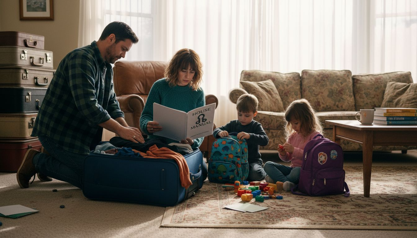 Family packs bags for home swapping trip