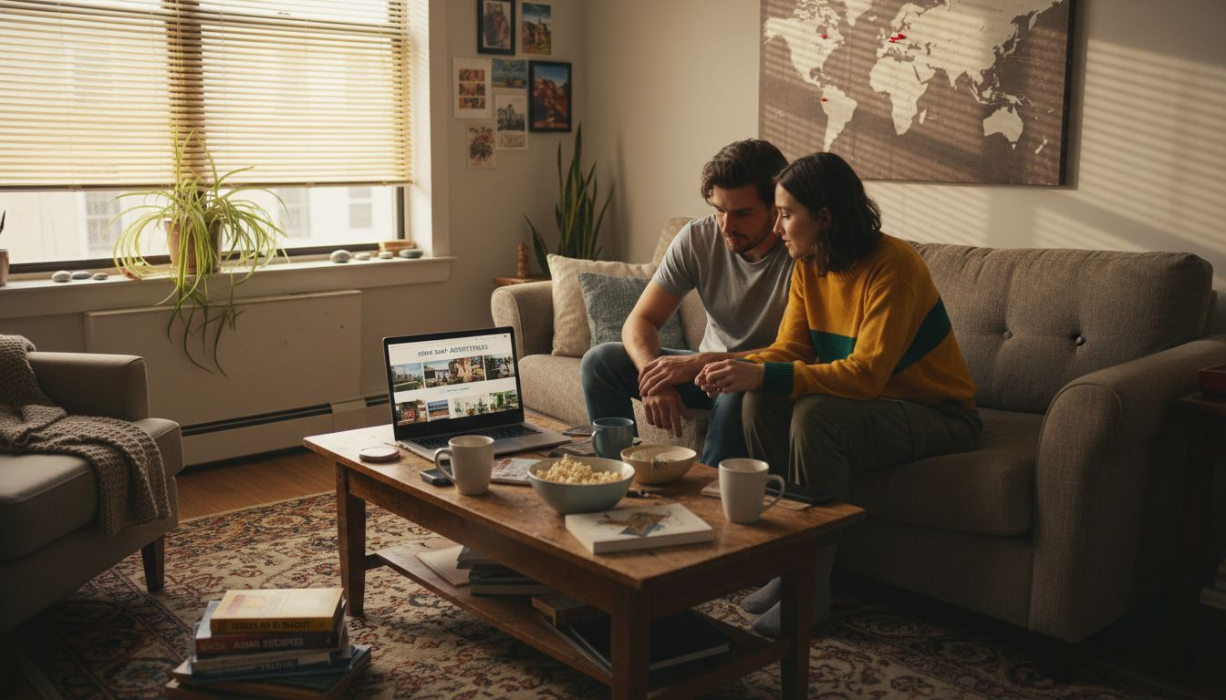 Couple browsing home swap listings together