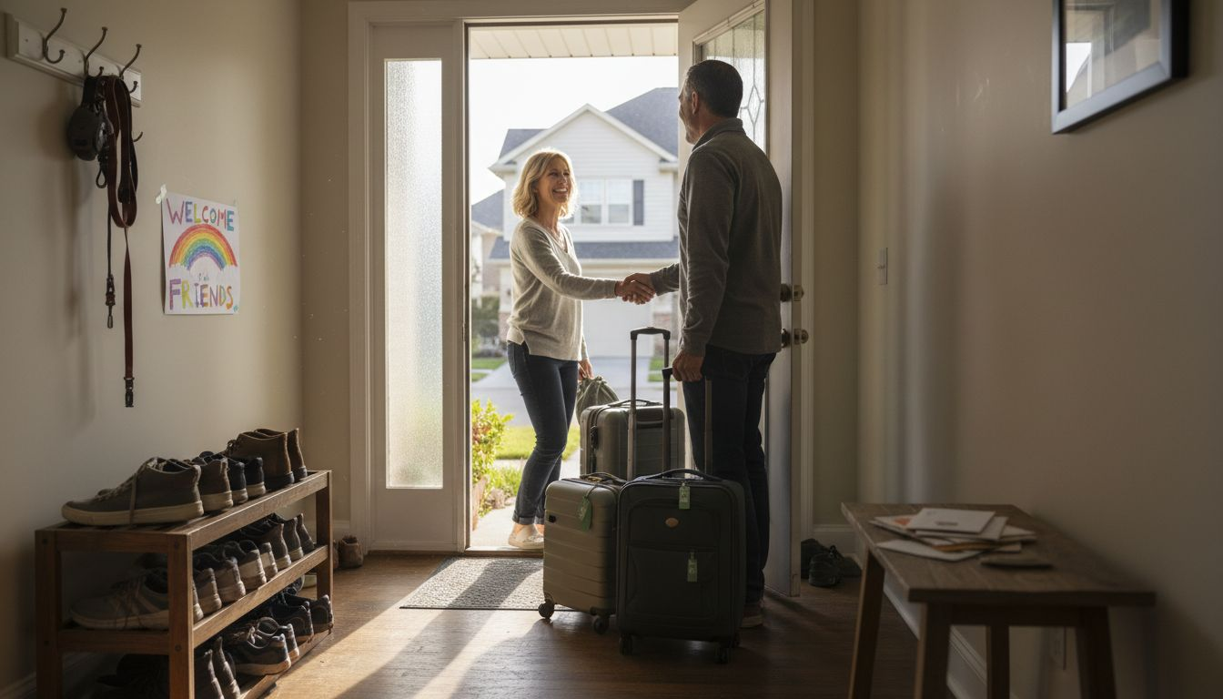 Family welcoming home exchange guests at door