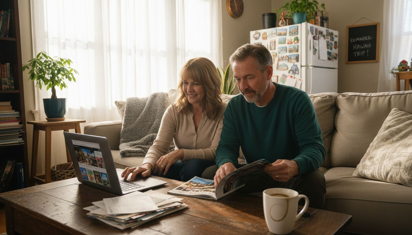 Homeowners planning sharing economy travel in living room