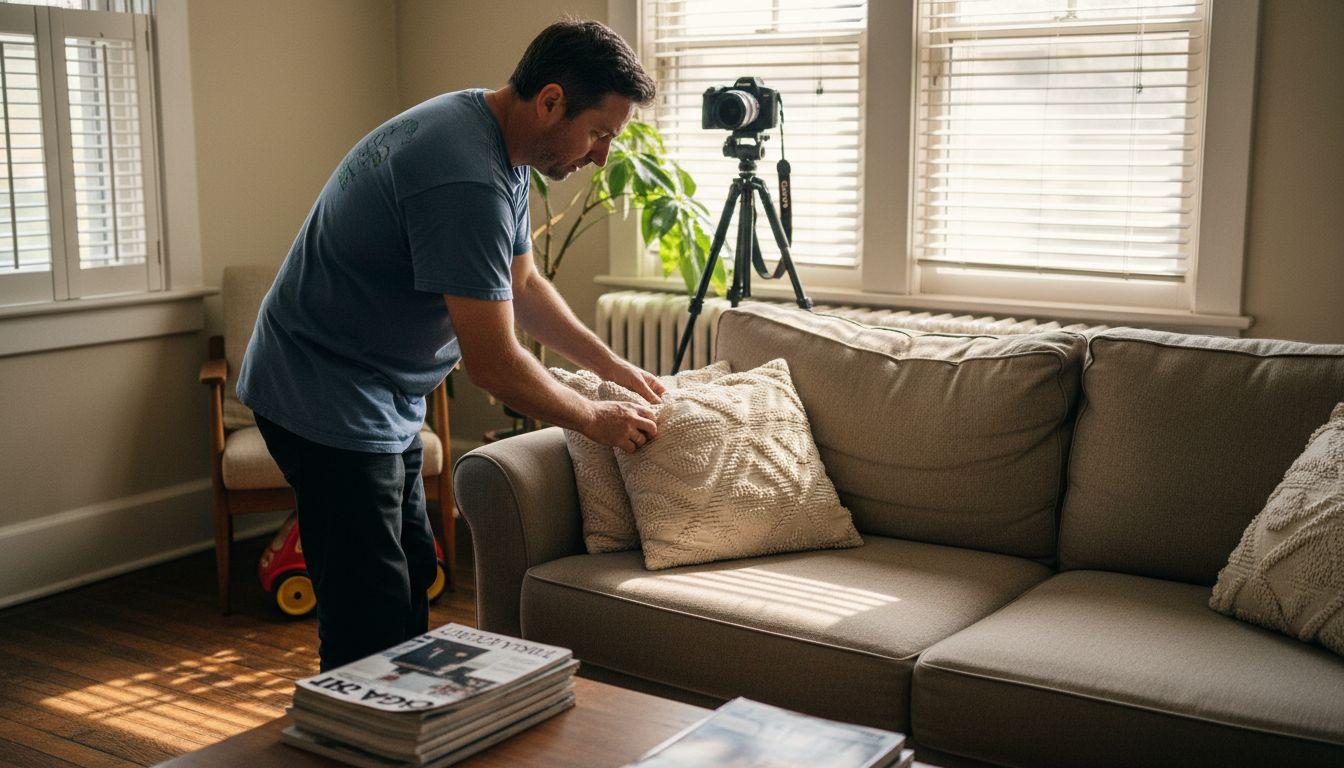 Man arranging living room for home listing photos