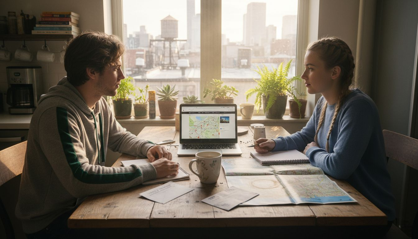 Couple planning travel with credits in apartment