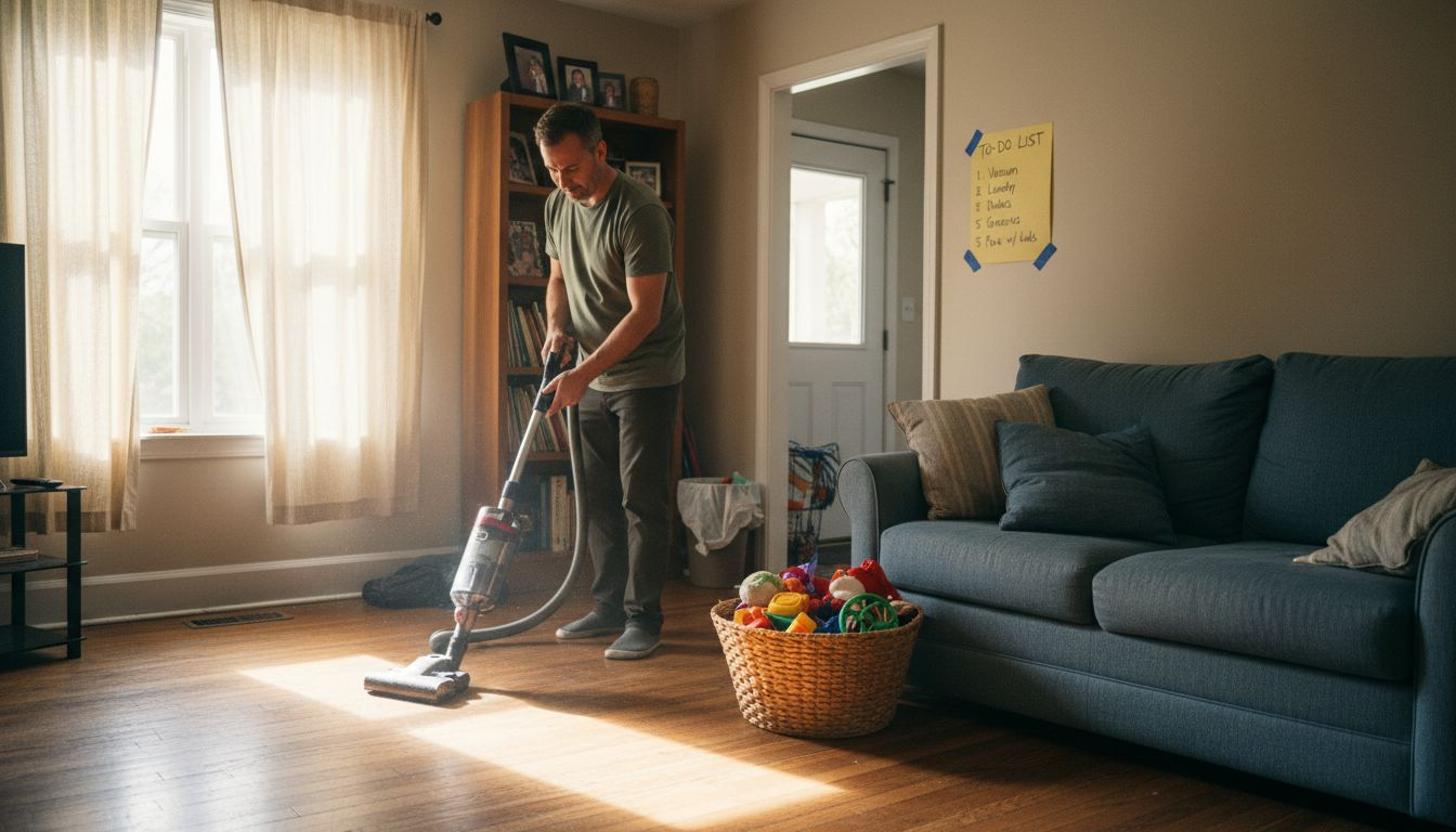 Man tidying living room before home swap