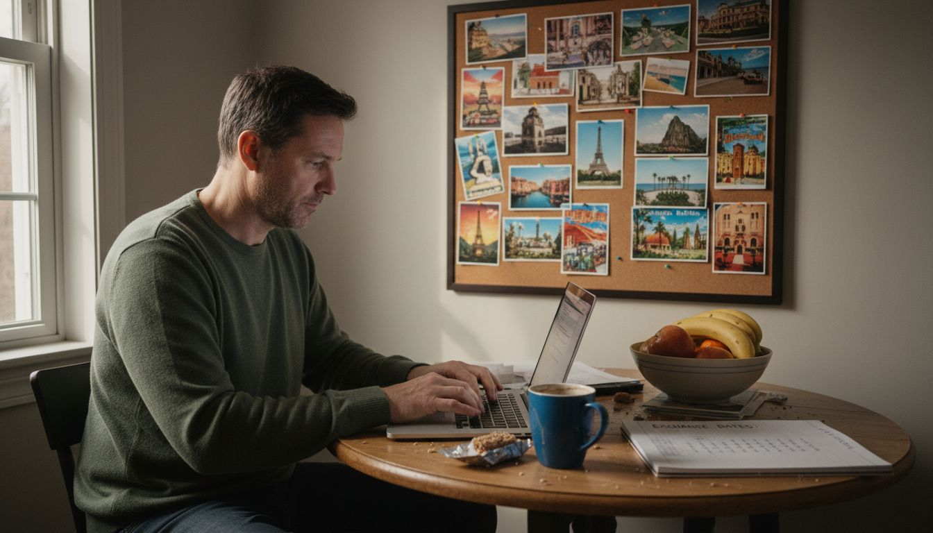 Man updating home exchange listing at kitchen table