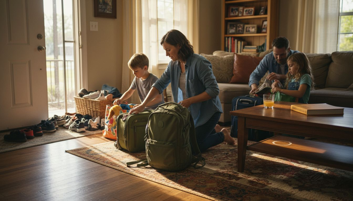 Family unpacking in bright lived-in living room