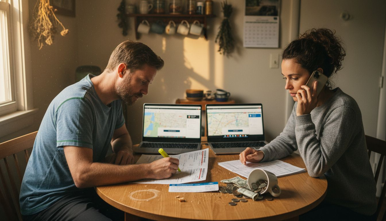 Couple reviews travel expenses with itineraries