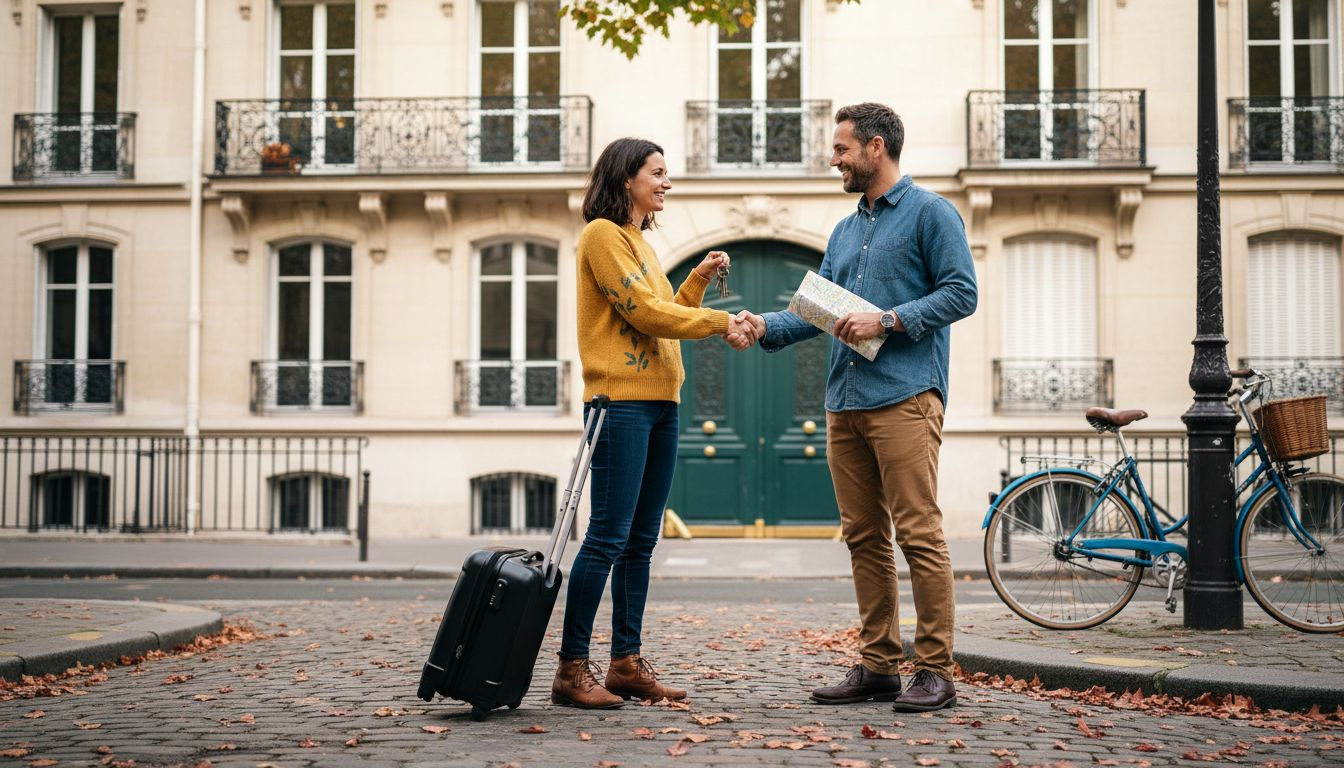 Travelers exchanging keys outside city apartment