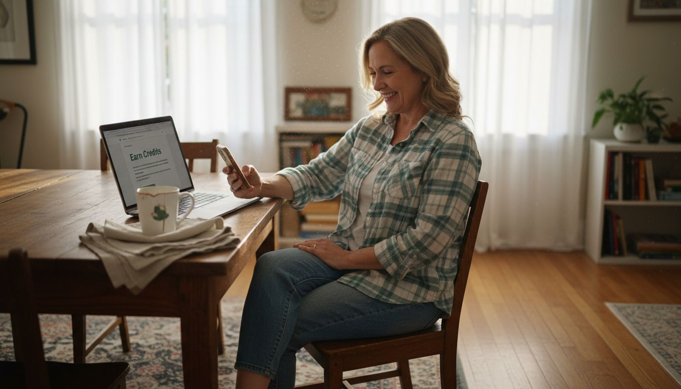 Woman checking credit-earning travel website at home