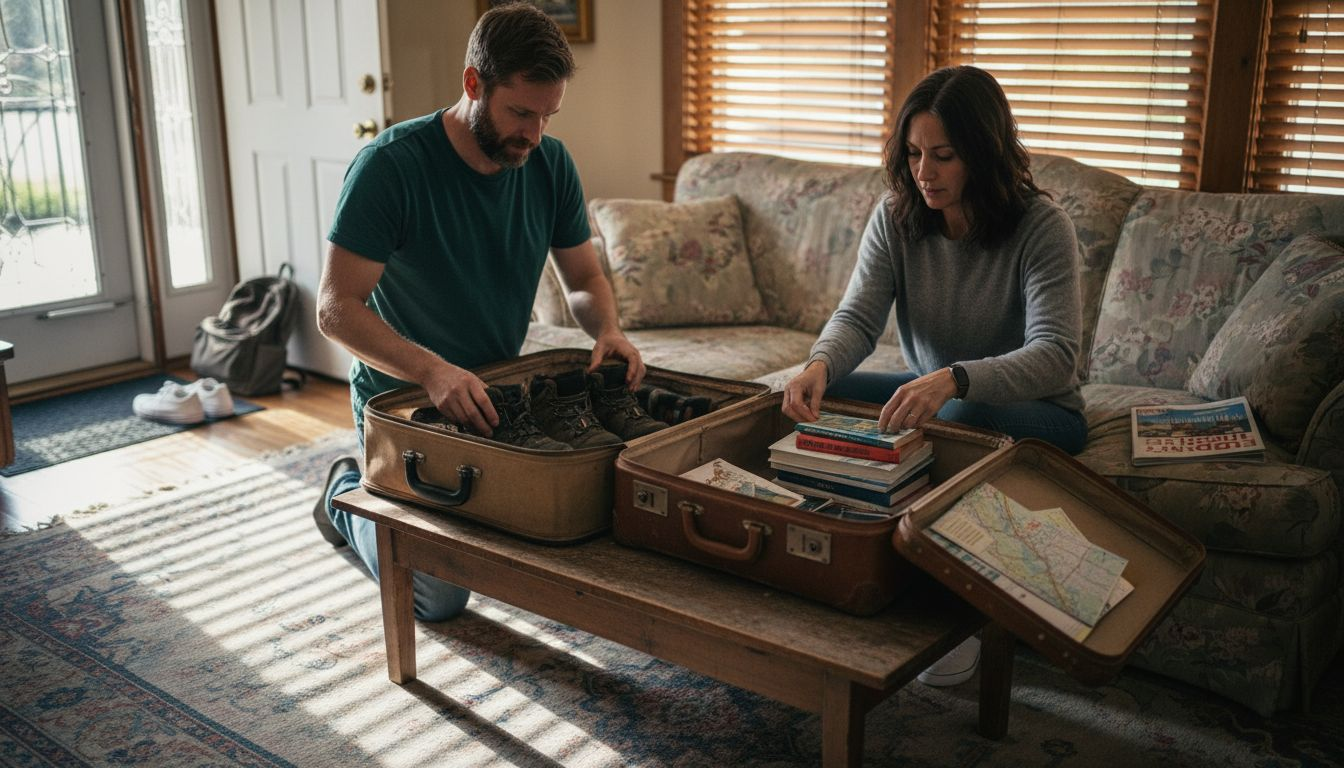 Couple packing for home exchange in cozy living room
