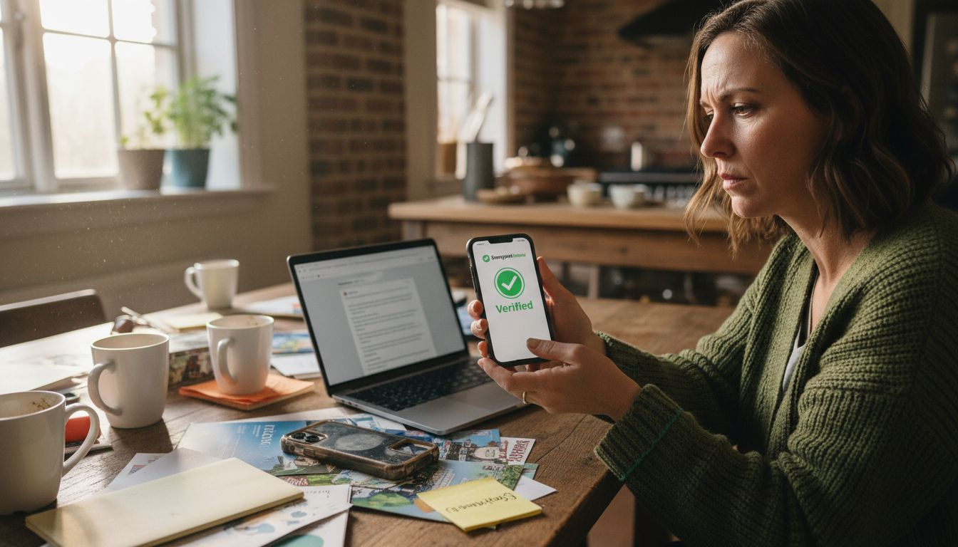 Woman verifies account for credit system at table
