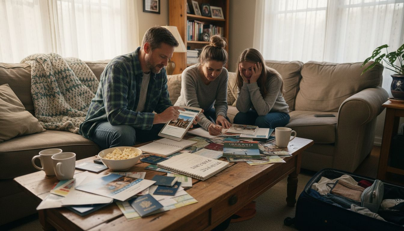 Family planning home exchange trip in living room