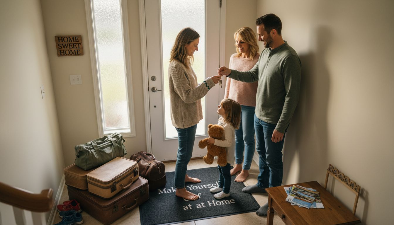 Family exchanging keys in home foyer