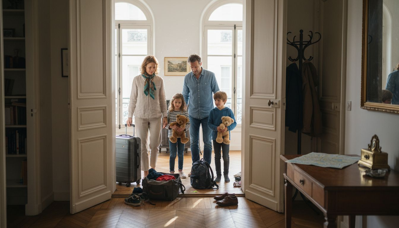 Family unpacking in exchanged Paris apartment