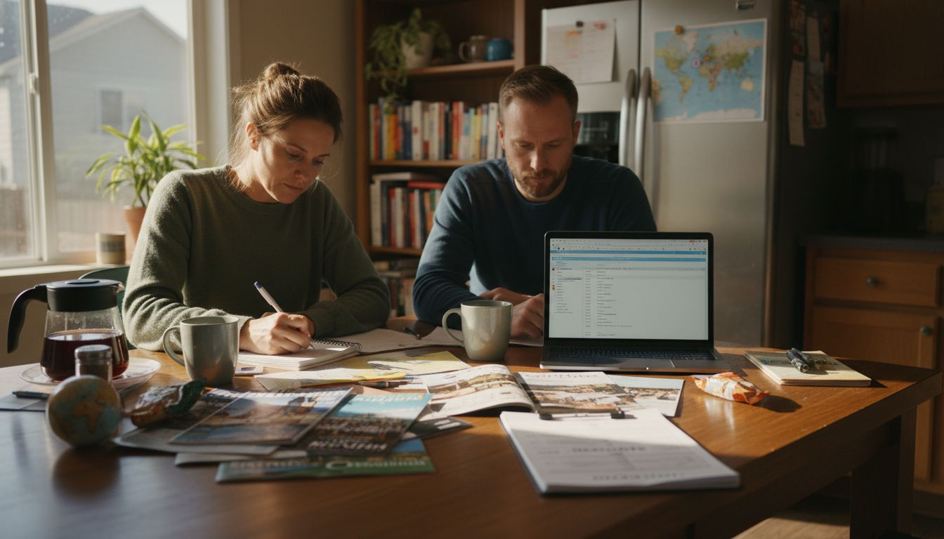 Homeowners planning travel at kitchen table