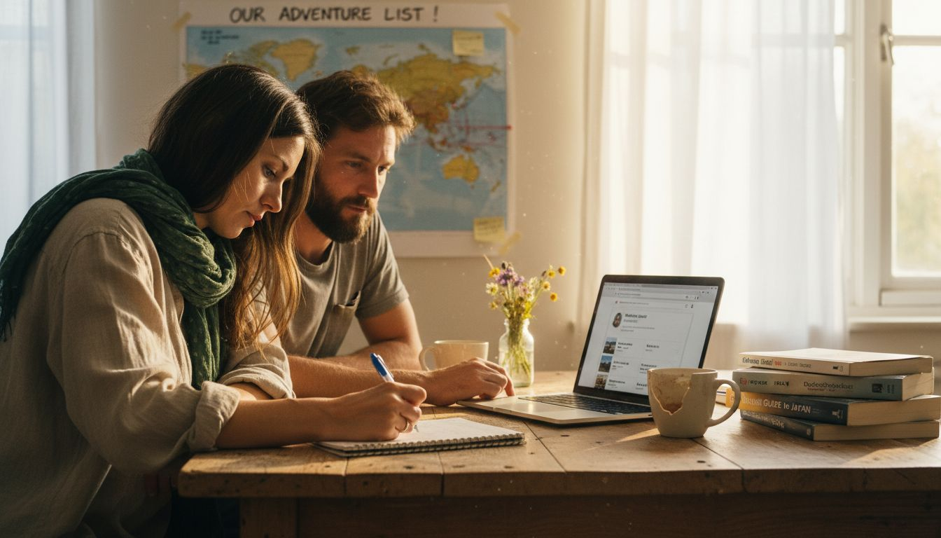 Couple planning long-term home swap travel at kitchen table