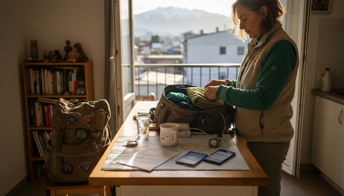 Traveler packing global travel essentials at kitchen table