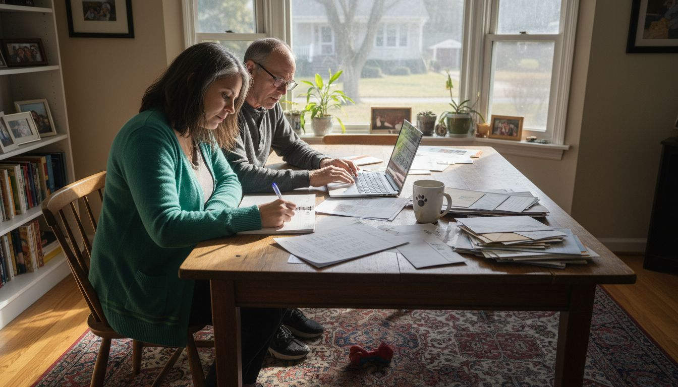 Couple planning a home exchange at dining table