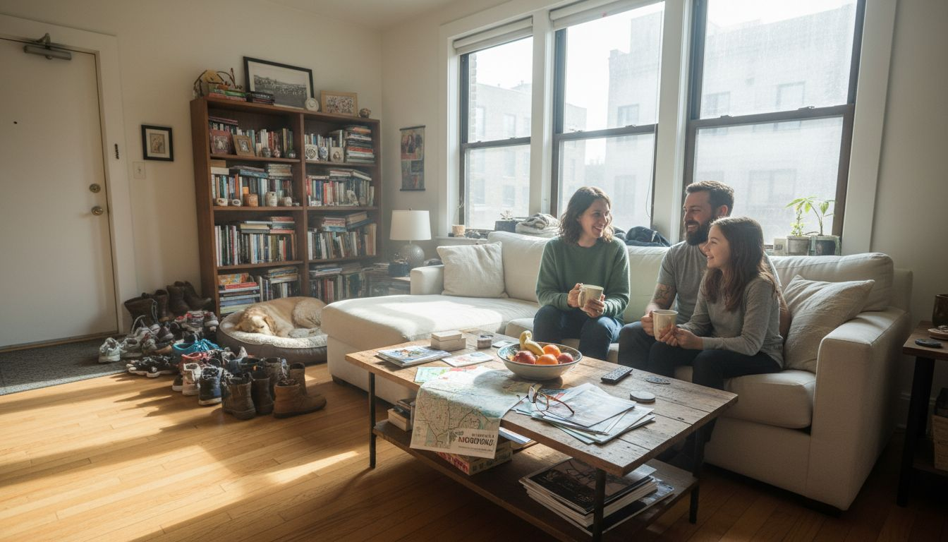 Travelers relaxing in swapped home living room
