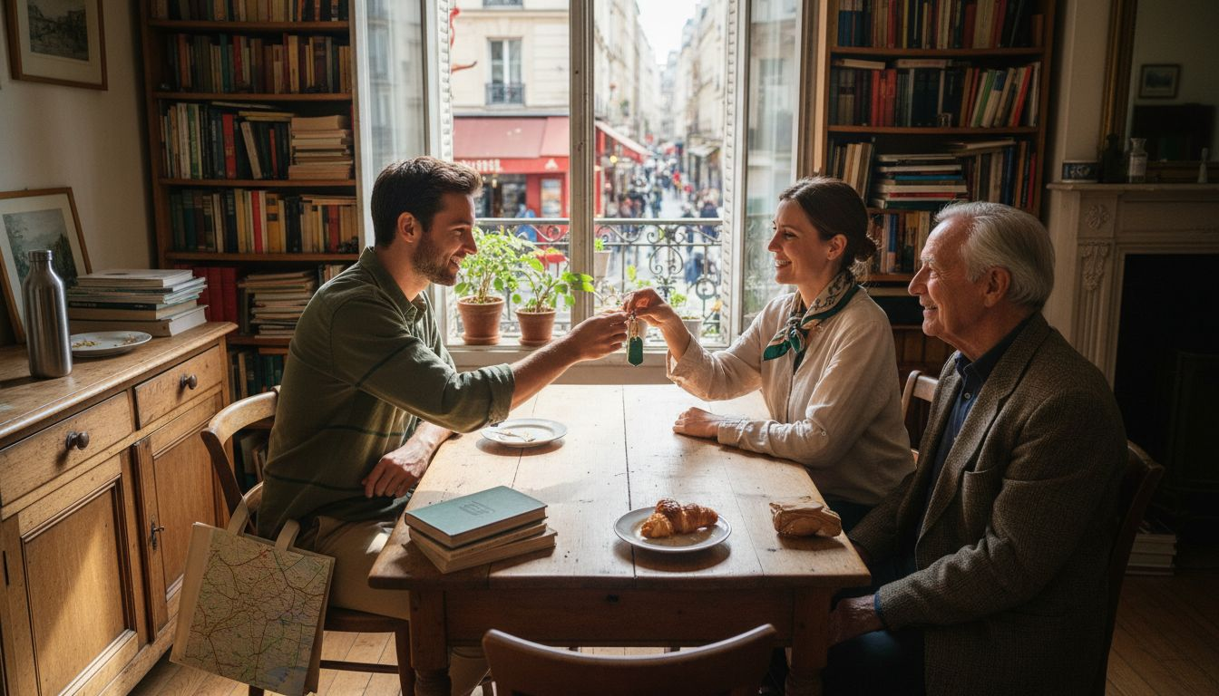 Two couples exchanging keys in Paris apartment