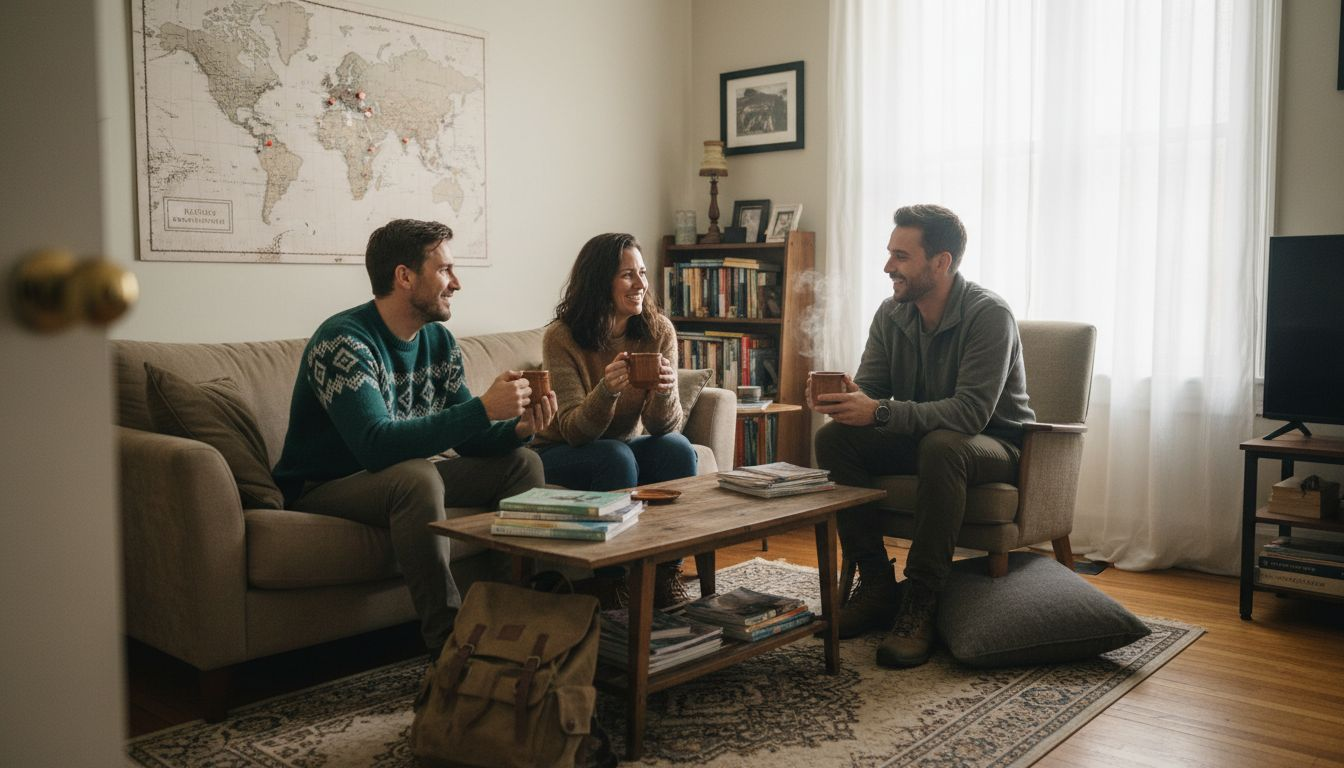 Travelers meeting in small apartment living room
