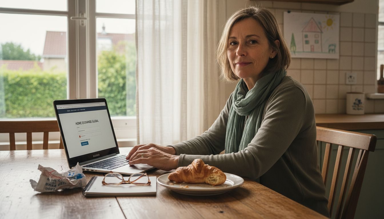 Woman checks home exchange platform at kitchen table