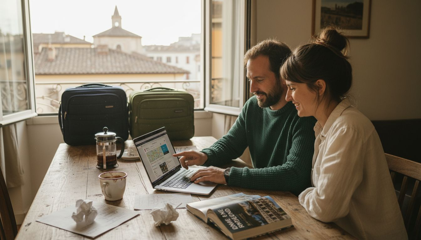Couple booking travel with credits in apartment