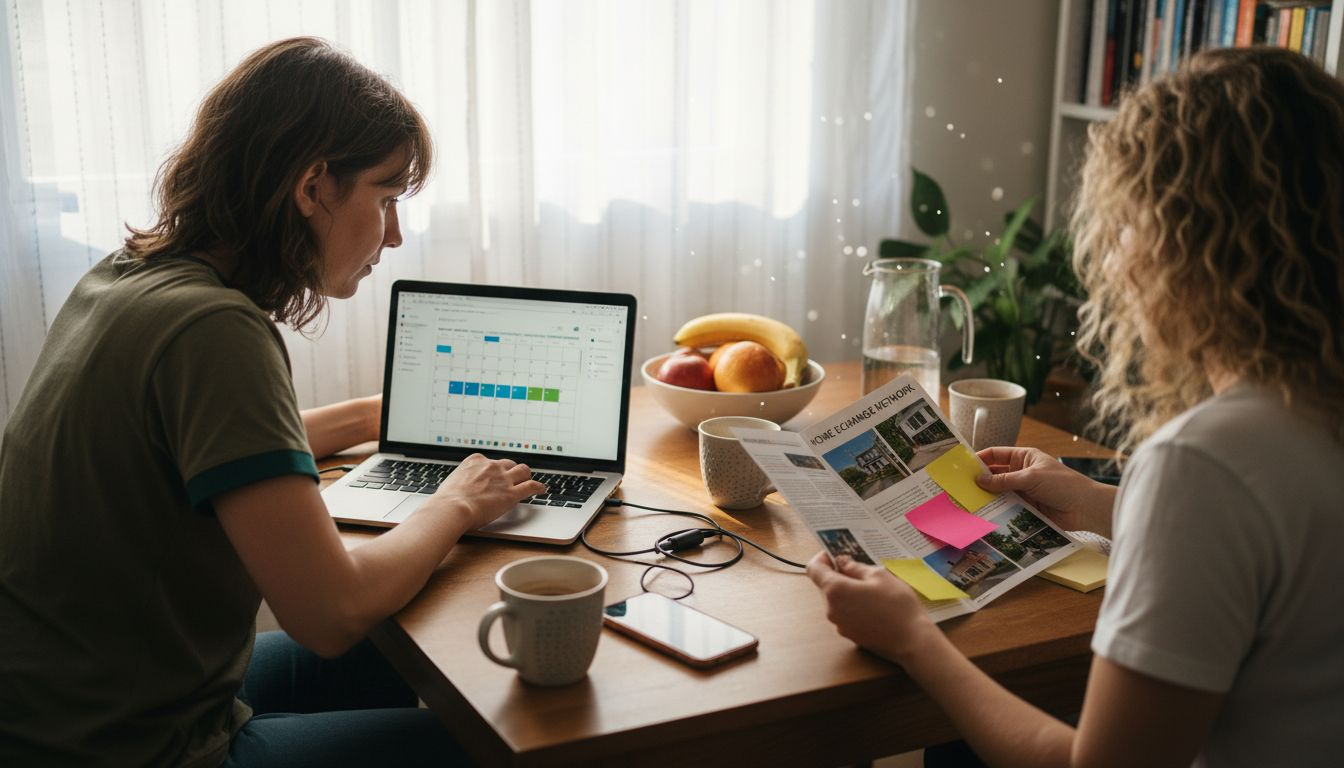 Friends comparing home swap and Airbnb options