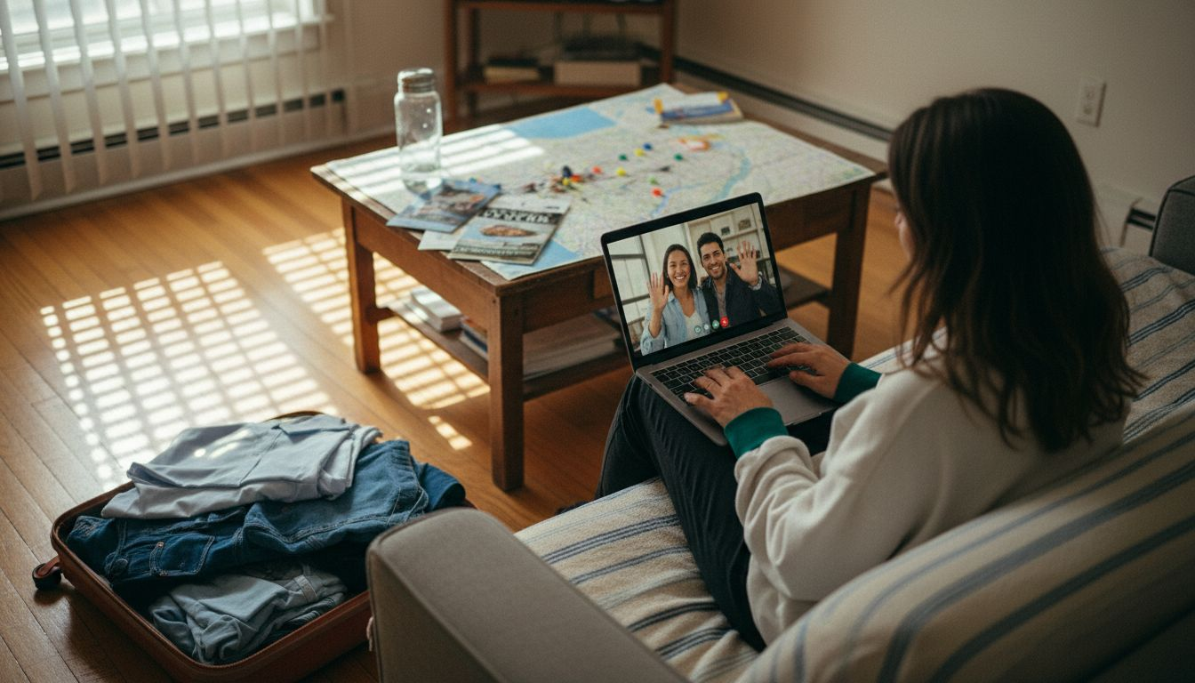 Home swapper video chatting for sustainable travel