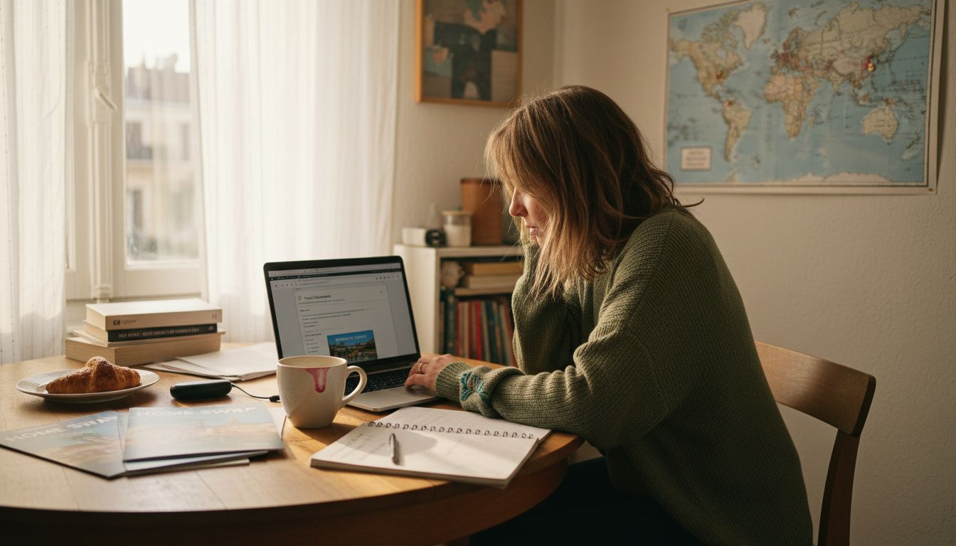 Woman planning travel with home swap brochures