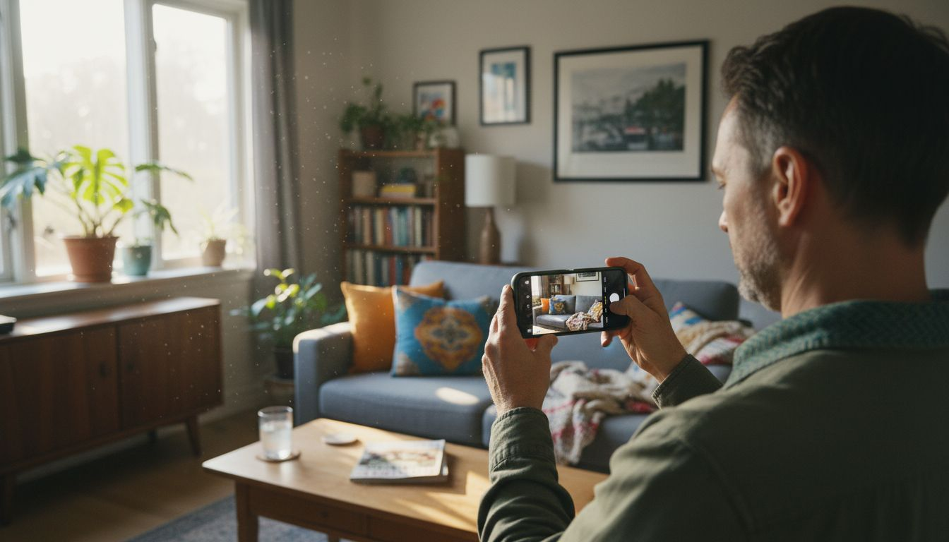 Man photographing living room for home profile