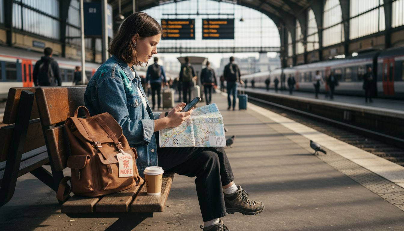 Traveler planning journey at busy station