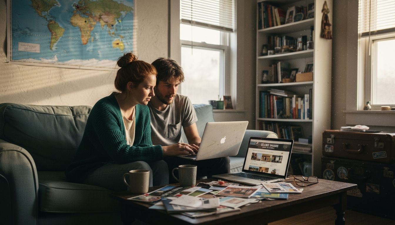 Couple planning home exchange travel in cozy apartment