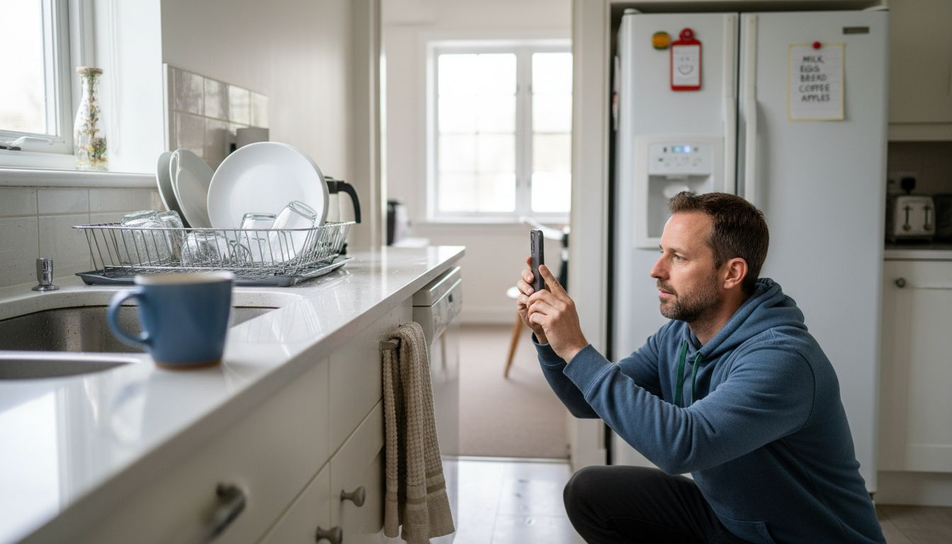 Man photographing cleaned kitchen checklist