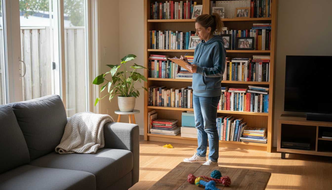 Woman evaluating living room for home swap