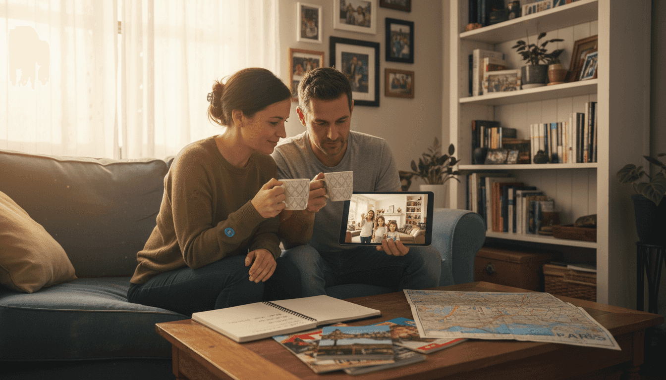 Couple video calling to arrange home swap