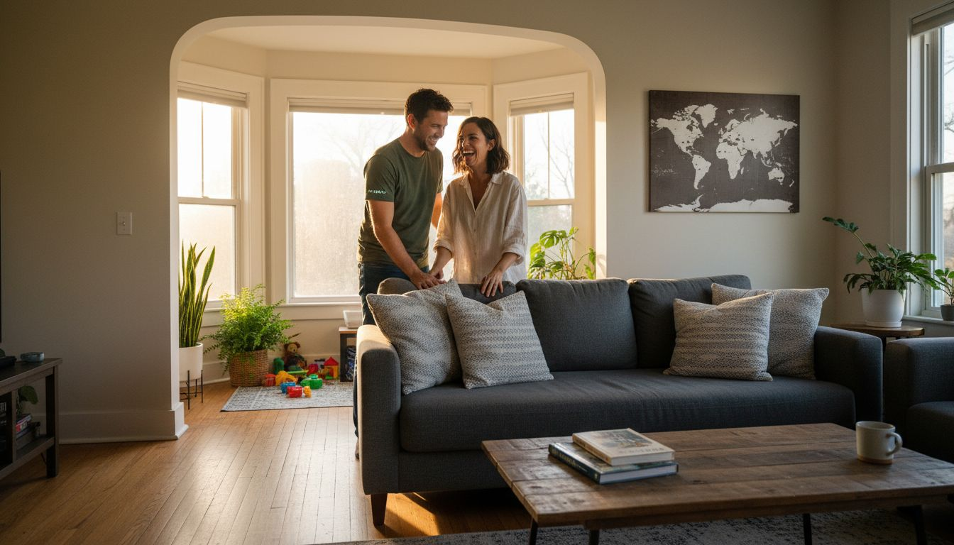Hosts preparing living room for home exchange