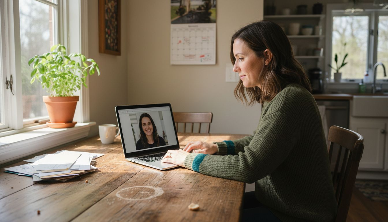 Woman setting up verified member profile at kitchen table