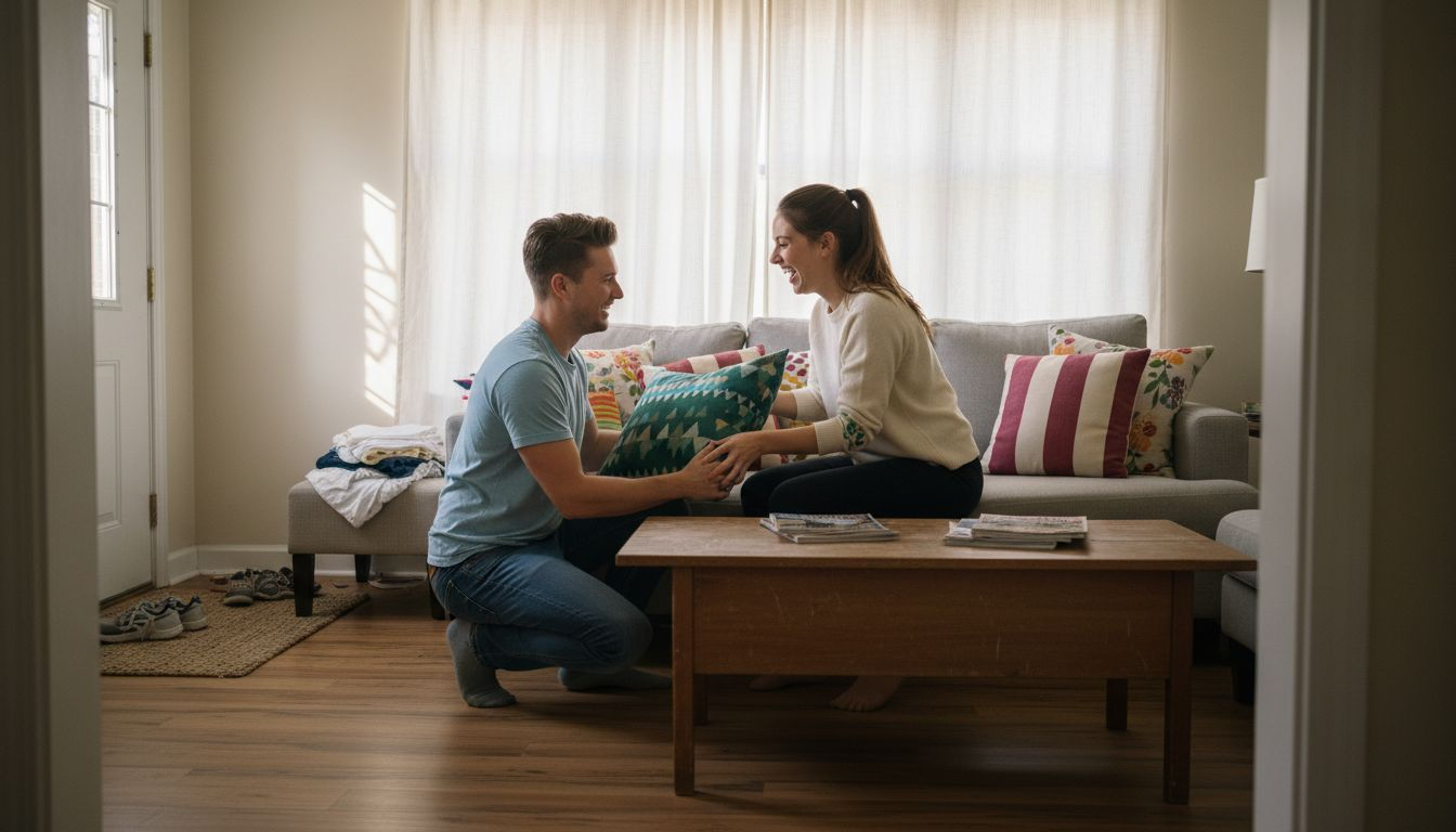 Couple preparing living room for home listing photos