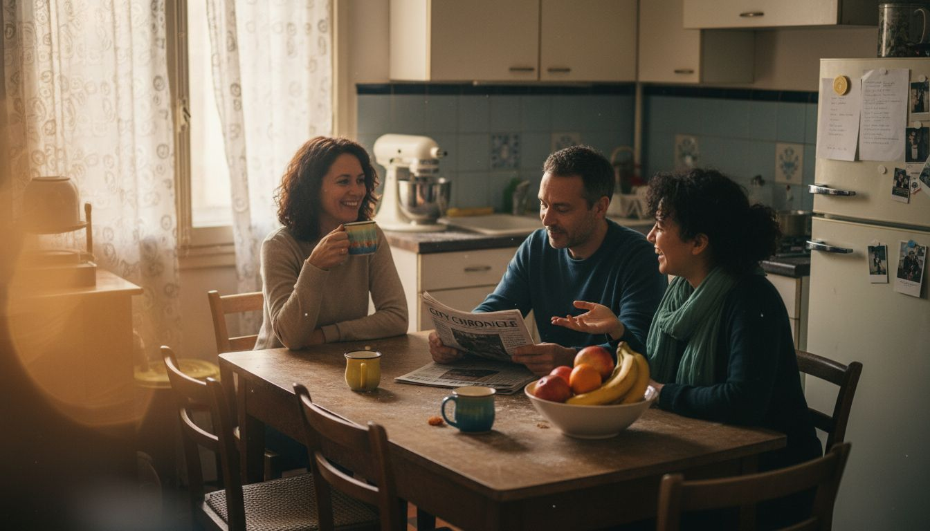 Travelers sharing coffee in real home setting