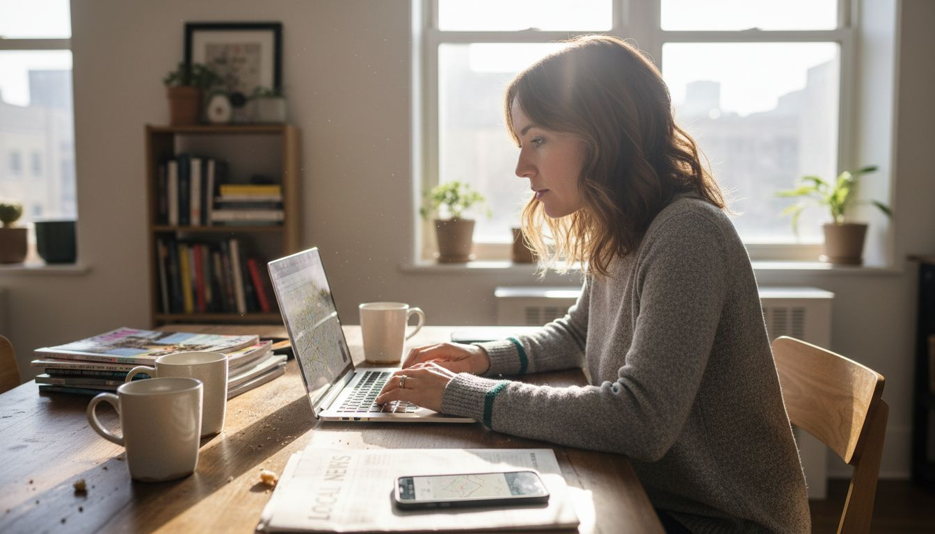 Woman reading home swap user reviews