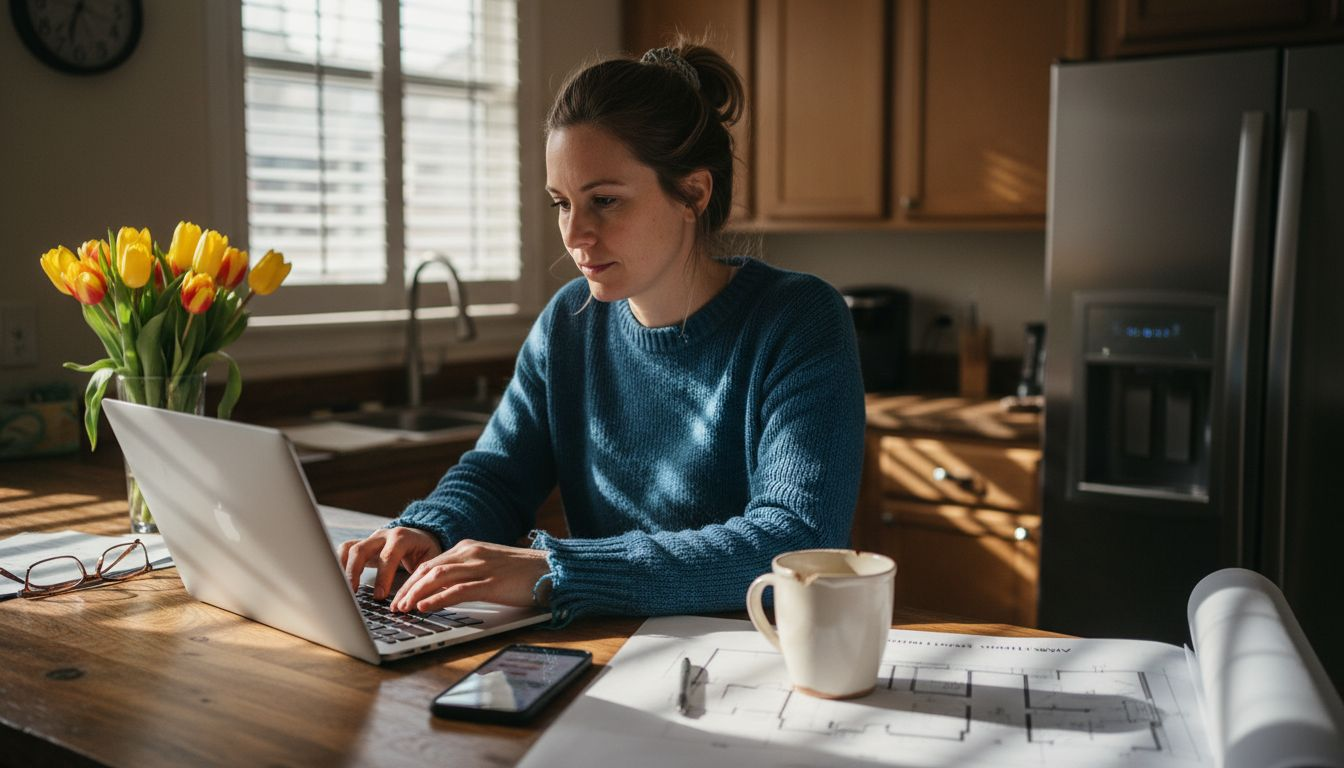 Woman listing home online in kitchen