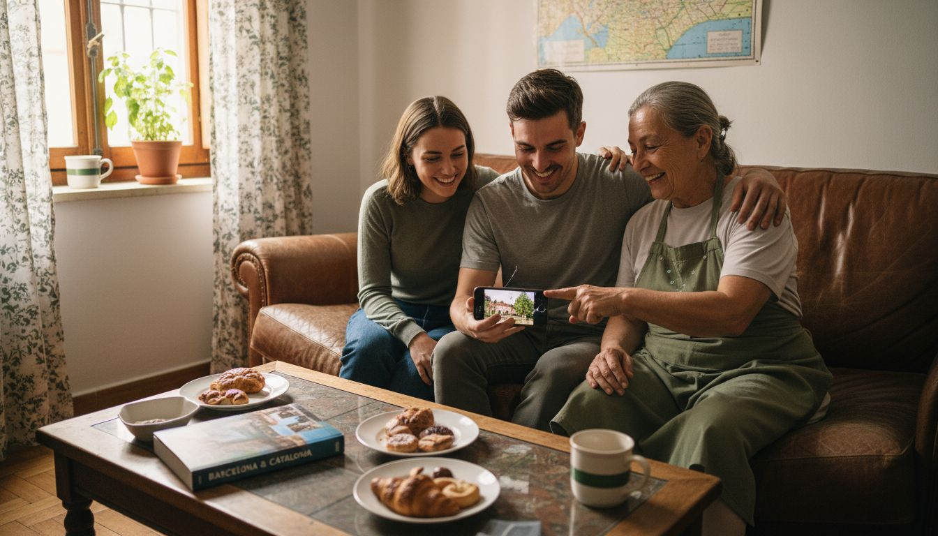 Travelers exchanging culture in host’s apartment