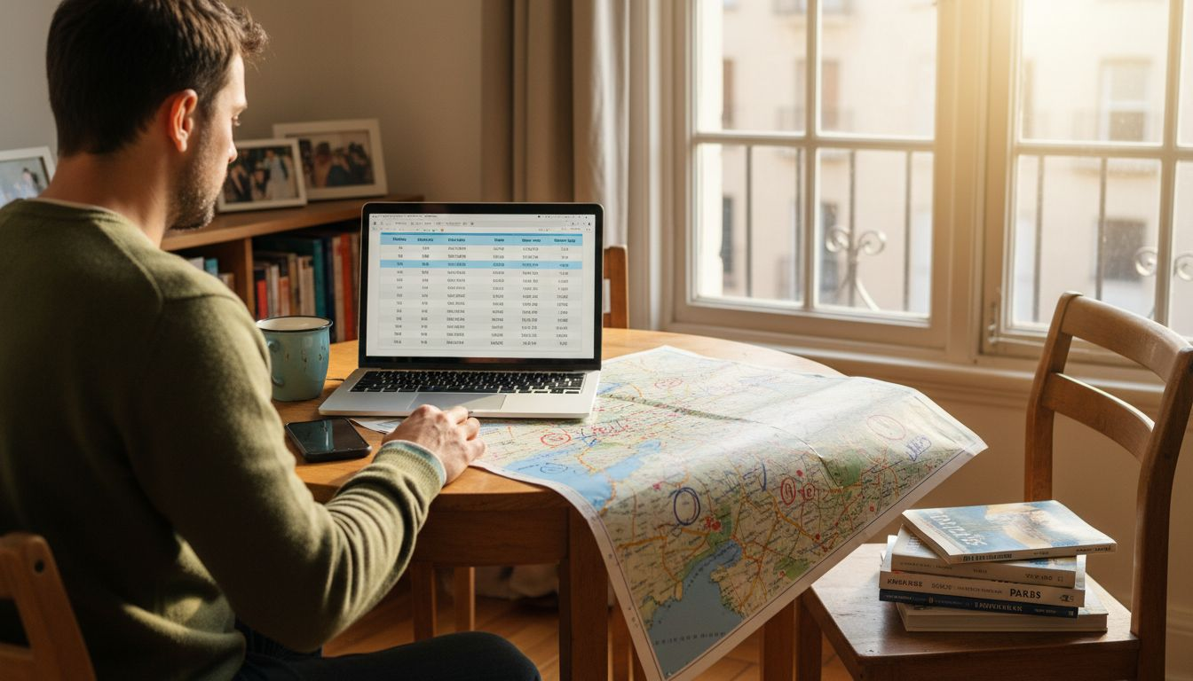 Man comparing travel costs on laptop