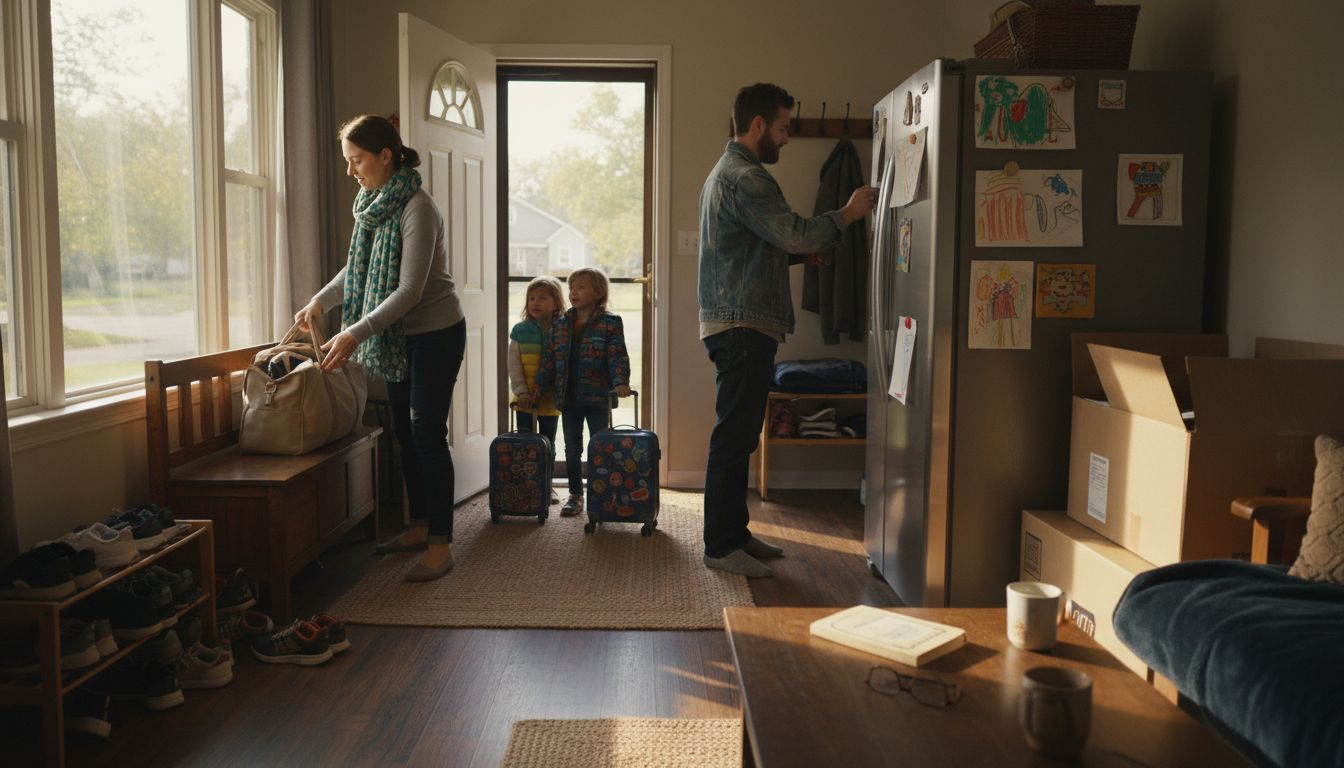 Family entering a home exchange property